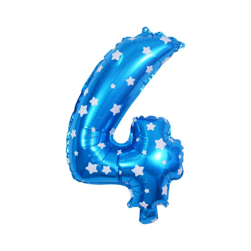 Balon din Folie Metalizata Klevo, Figurina Cifra, Imprimeu Stele, Tema Aniversare 80 cm, Ambalaj Individual, Pai inclus, Umflare cu Aer sau Heliu, Albastru, Cifra 4