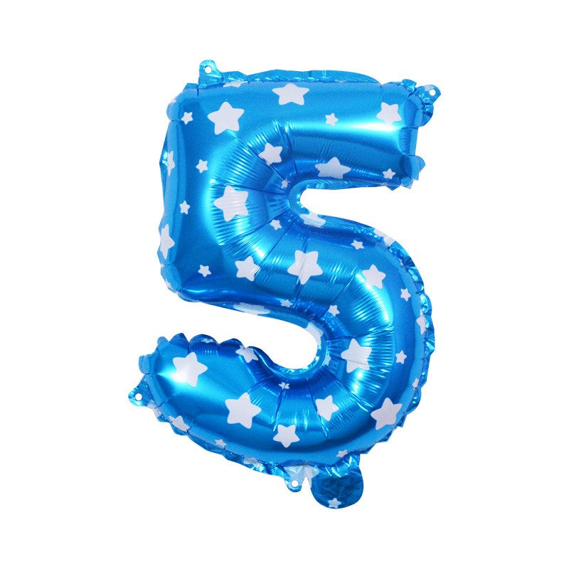 Balon din Folie Metalizata Klevo, Figurina Cifra, Imprimeu Stele, Tema Aniversare 80 cm, Ambalaj Individual, Pai inclus, Umflare cu Aer sau Heliu, Albastru, Cifra 5