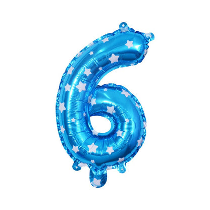 Balon din Folie Metalizata Klevo, Figurina Cifra, Imprimeu Stele, Tema Aniversare 80 cm, Ambalaj Individual, Pai inclus, Umflare cu Aer sau Heliu, Albastru, Cifra 6