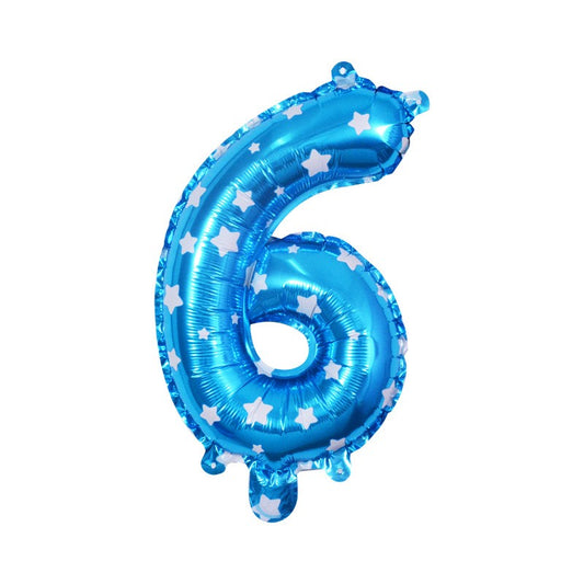 Balon din Folie Metalizata Klevo, Figurina Cifra, Imprimeu Stele, Tema Aniversare 80 cm, Ambalaj Individual, Pai inclus, Umflare cu Aer sau Heliu, Albastru, Cifra 6