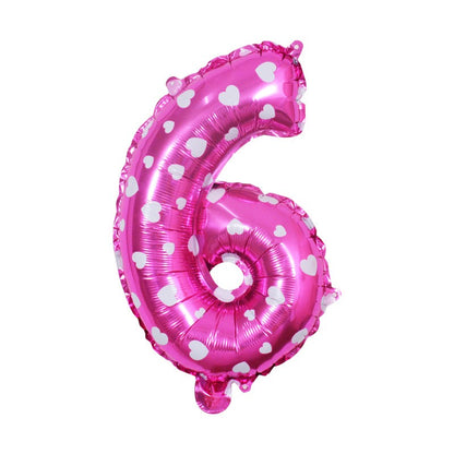 Balon din Folie Metalizata Klevo, Figurina Cifra, Imprimeu Inimi, Tema Aniversare 80 cm, Ambalaj Individual, Pai inclus, Umflare cu Aer sau Heliu, Roz, Cifra 6