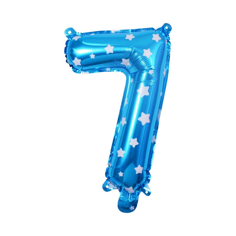 Balon din Folie Metalizata Klevo, Figurina Cifra, Imprimeu Stele, Tema Aniversare 80 cm, Ambalaj Individual, Pai inclus, Umflare cu Aer sau Heliu, Albastru, Cifra 7