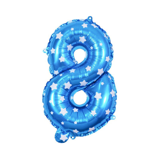 Balon din Folie Metalizata Klevo, Figurina Cifra, Imprimeu Stele, Tema Aniversare 80 cm, Ambalaj Individual, Pai inclus, Umflare cu Aer sau Heliu, Albastru, Cifra 8