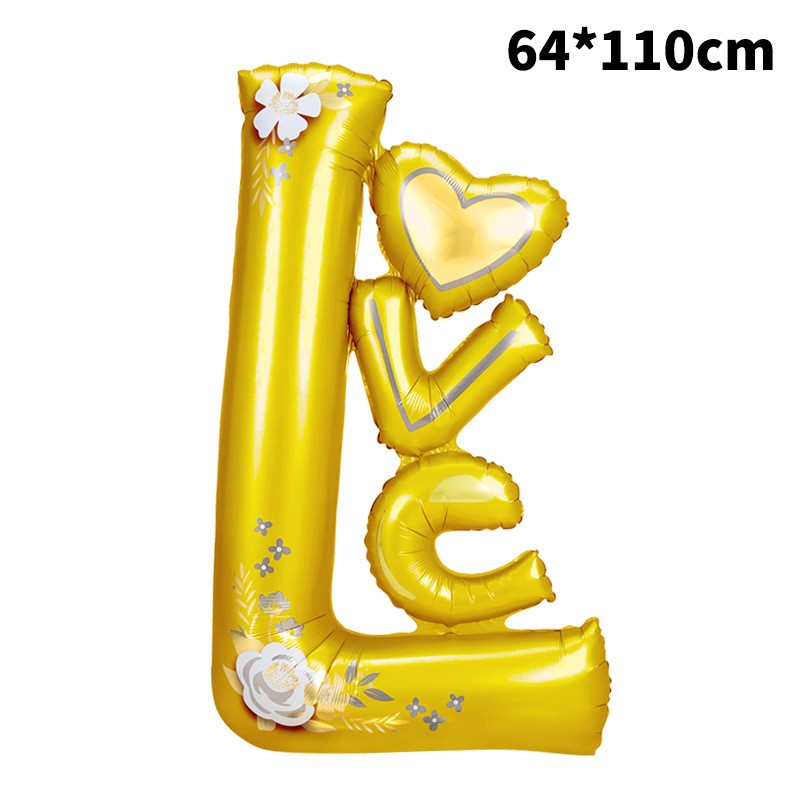 Balon din Folie Metalizata, Klevo, Figurine, Model LOVE, Tematica Iubire, 110x64 cm, Ambalaj Individual, Pai Inclus, Umflare cu Aer sau Heliu, Galben