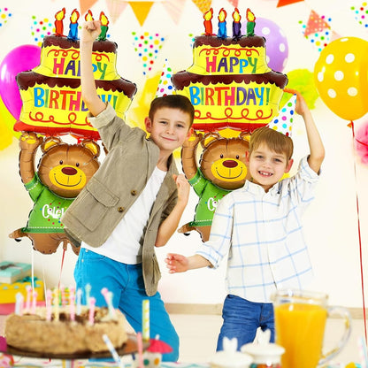 Balon din Folie Metalizata, Klevo, Figurine Animalute, Model Ursulet cu Tort Aniversar, 124x65 cm, Ambalaj Individual, Pai Inclus, Umflare cu Aer sau Heliu, Multicolor