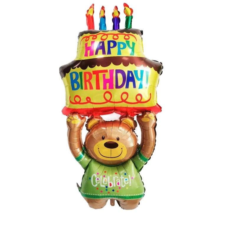 Balon din Folie Metalizata, Klevo, Figurine Animalute, Model Ursulet cu Tort Aniversar, 124x65 cm, Ambalaj Individual, Pai Inclus, Umflare cu Aer sau Heliu, Multicolor
