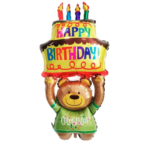 Balon din Folie Metalizata, Klevo, Figurine Animalute, Model Ursulet cu Tort Aniversar, 124x65 cm, Ambalaj Individual, Pai Inclus, Umflare cu Aer sau Heliu, Multicolor