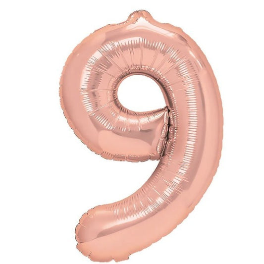 Balon din Folie Metalizata Klevo, Figurina Cifra, Tema Aniversare 100 cm, Ambalaj Individual, Pai inclus, Umflare cu Aer sau Heliu, Coral, Rose Gold, Cifra 9