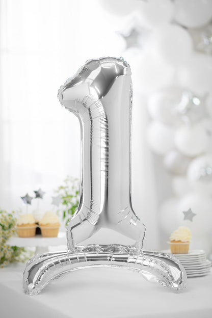 Balon folie cu suport Numărul "1", 70 cm, argintiu (1 pachet / 1 buc.)