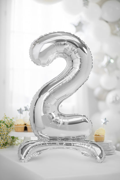 Balon folie cu suport Numărul "2", 70 cm, argintiu (1 pachet / 1 buc.)