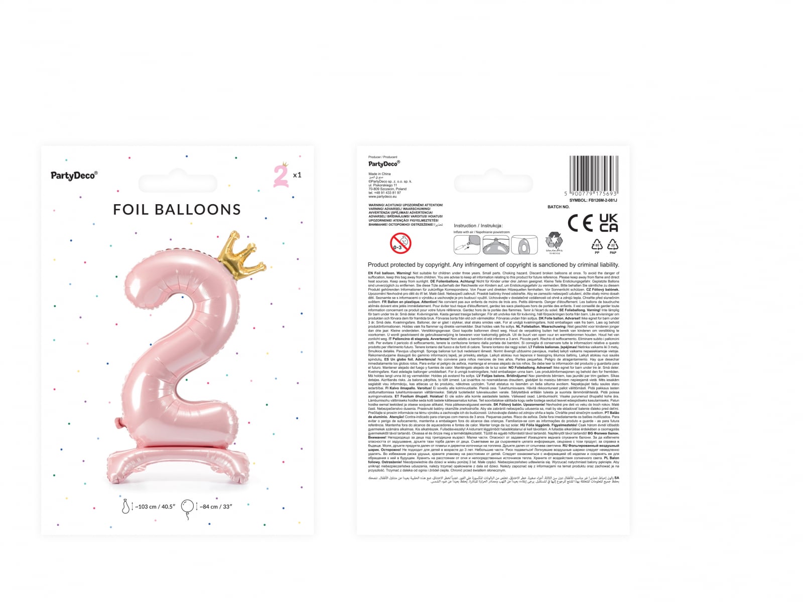 Balon folie cu suport Numărul "2", 84 cm, roz deschis (1 pachet / 1 buc.)