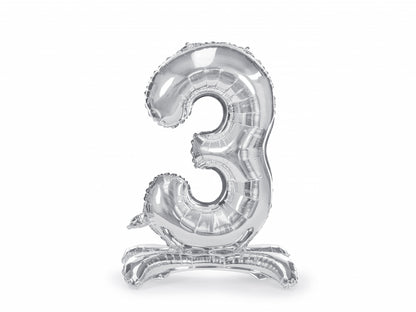 Balon folie cu suport Numărul "3", 70 cm, argintiu (1 pachet / 1 buc.)