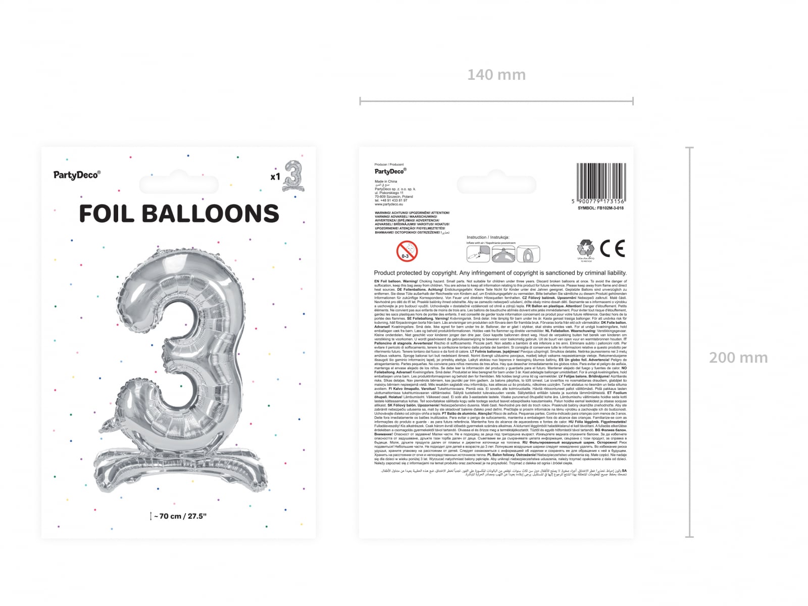 Balon folie cu suport Numărul "3", 70 cm, argintiu (1 pachet / 1 buc.)