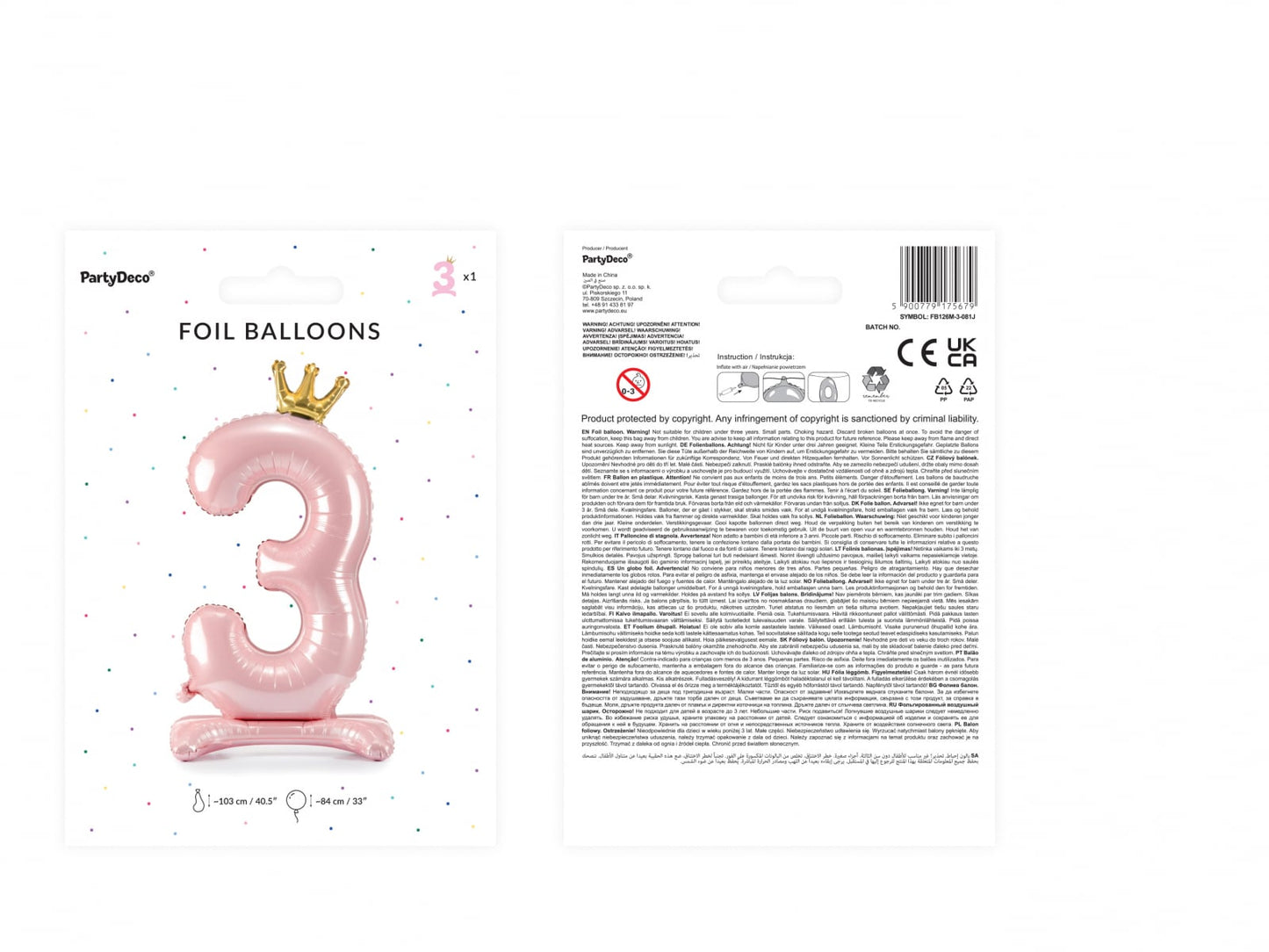 Balon folie cu suport Numărul "3", 84 cm, roz deschis (1 pachet / 1 buc.)