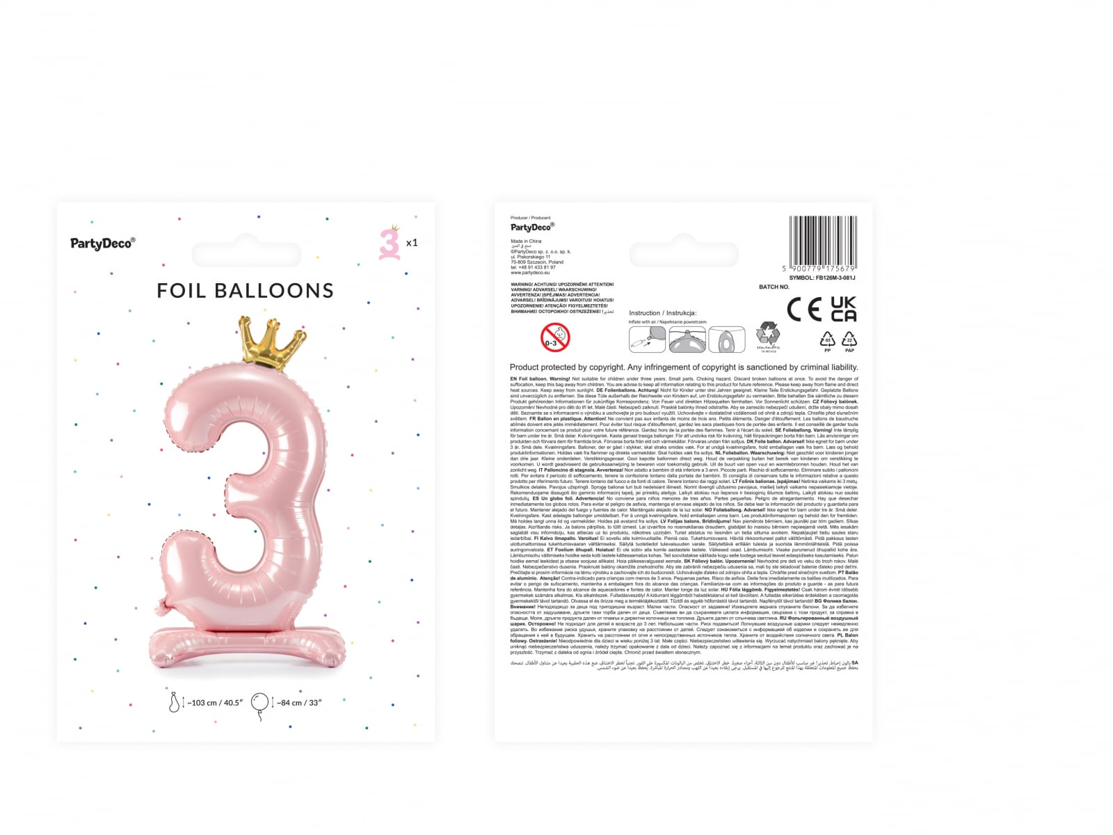 Balon folie cu suport Numărul "3", 84 cm, roz deschis (1 pachet / 1 buc.)