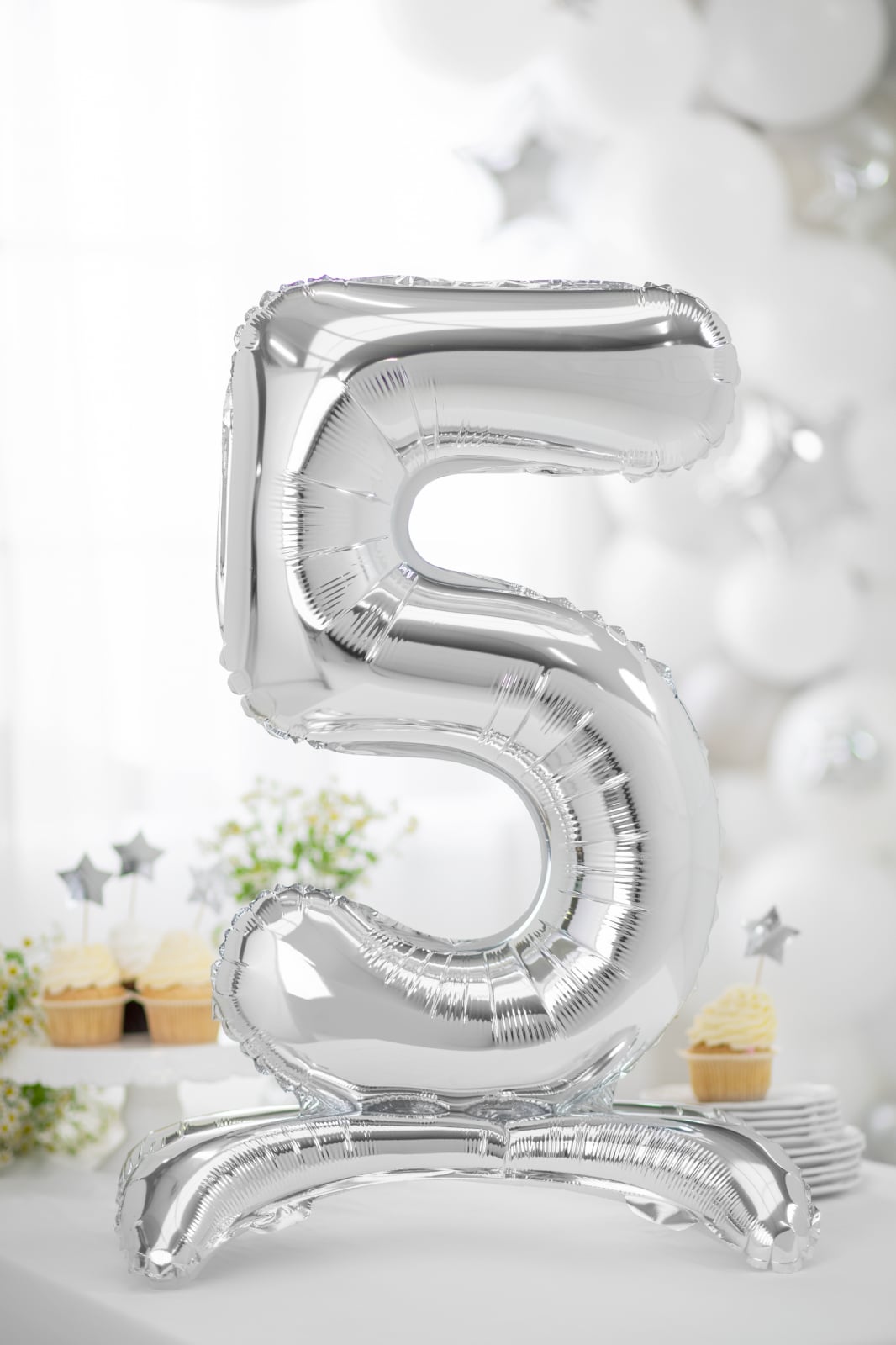 Balon folie cu suport Numărul "5", 70 cm, argintiu (1 pachet / 1 buc.)