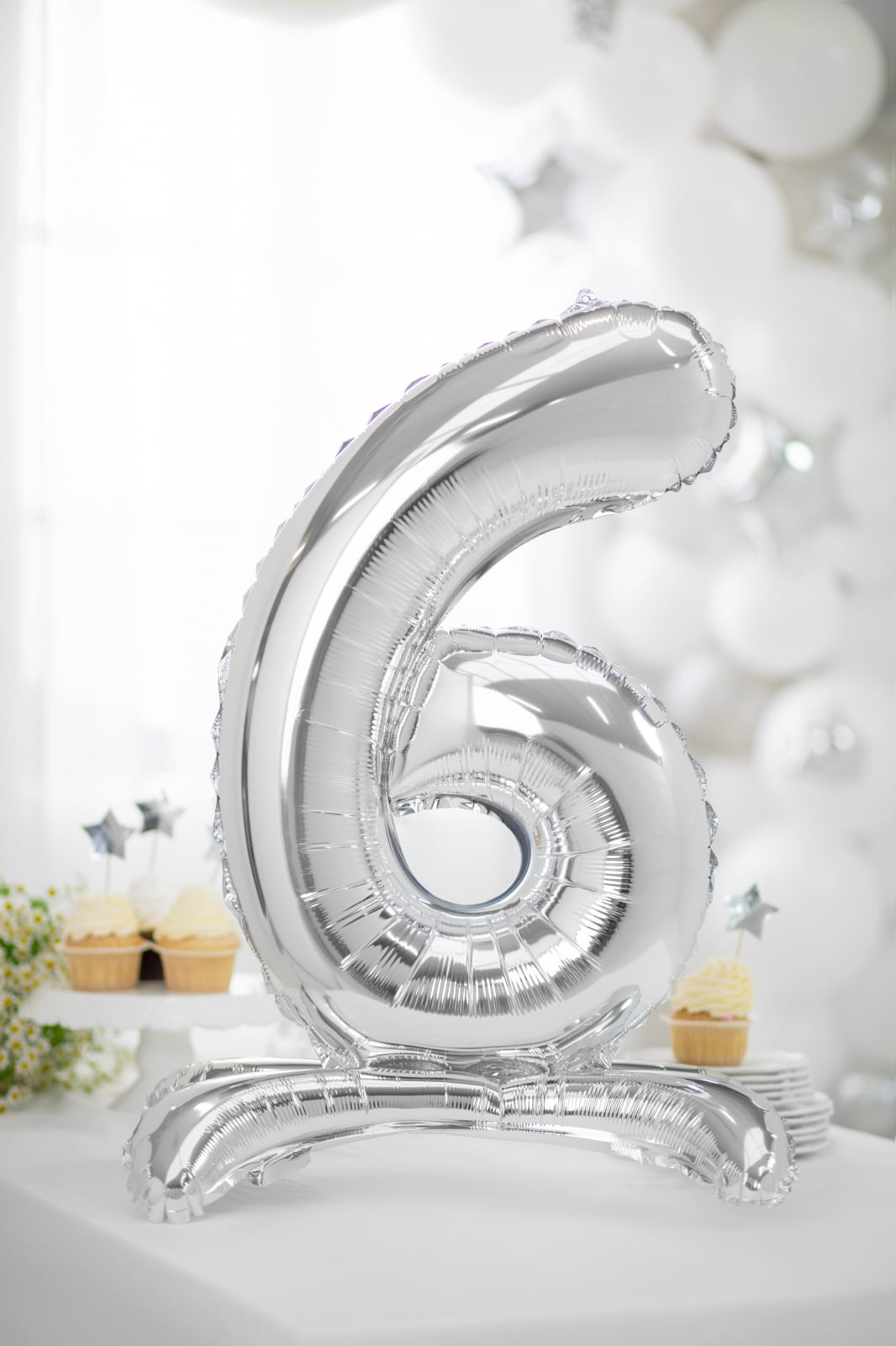 Balon folie cu suport Numărul "6", 70 cm, argintiu (1 pachet / 1 buc.)