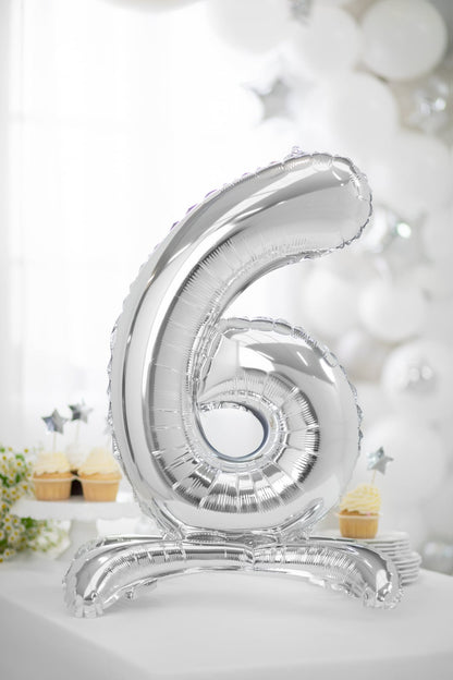 Balon folie cu suport Numărul "6", 70 cm, argintiu (1 pachet / 1 buc.)