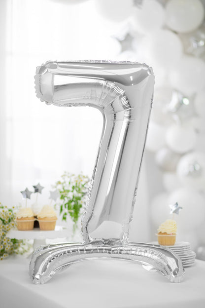 Balon folie cu suport Numărul "7", 70 cm, argintiu (1 pachet / 1 buc.)