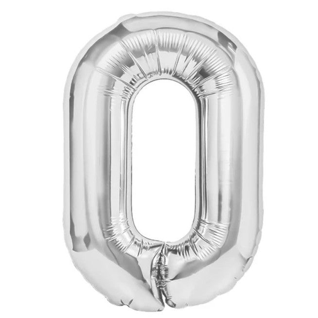 Balon din Folie Metalizata, Klevo, Figurina Cifra, Tema Aniversare 80 cm, Ambalaj Individual, Pai inclus, Umflare cu Aer sau Heliu, Argintiu, Cifra 0
