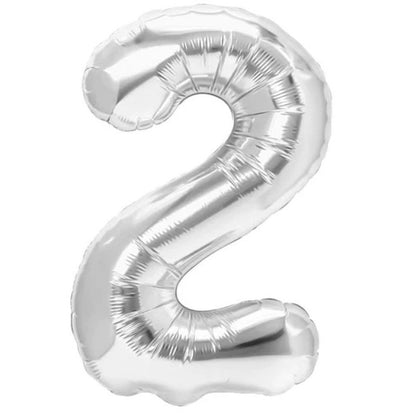 Balon din Folie Metalizata, Klevo, Figurina Cifra, Tema Aniversare 80 cm, Ambalaj Individual, Pai inclus, Umflare cu Aer sau Heliu, Argintiu, Cifra 2