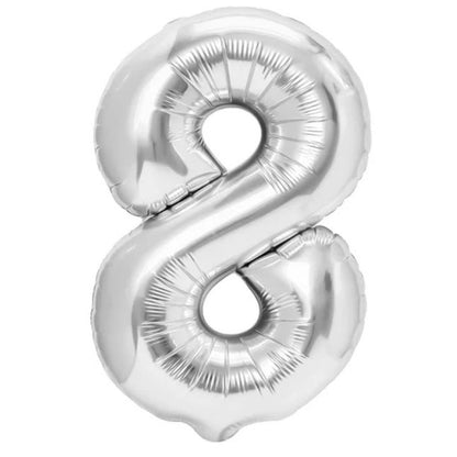 Balon din Folie Metalizata, Klevo, Figurina Cifra, Tema Aniversare 80 cm, Ambalaj Individual, Pai inclus, Umflare cu Aer sau Heliu, Argintiu, Cifra 8