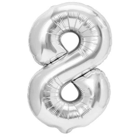 Balon din Folie Metalizata, Klevo, Figurina Cifra, Tema Aniversare 80 cm, Ambalaj Individual, Pai inclus, Umflare cu Aer sau Heliu, Argintiu, Cifra 8