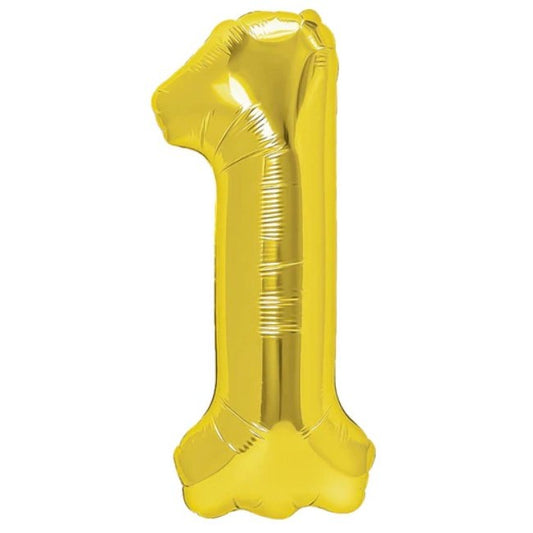 Balon din Folie Metalizata Klevo, Figurina Cifra, Tema Aniversare 40 cm, Ambalaj Individual, Pai inclus, Umflare cu Aer sau Heliu, Auriu, Cifra 1