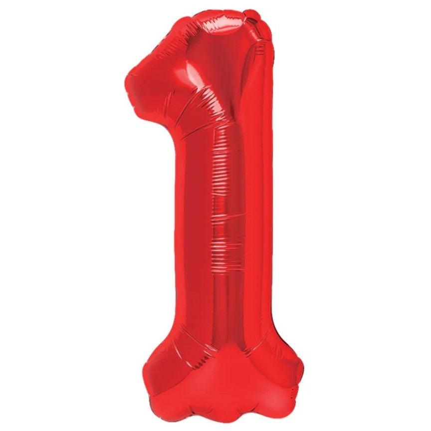 Balon din Folie Metalizata Klevo, Figurina Cifra, Tema Aniversare 40 cm, Ambalaj Individual, Pai inclus, Umflare cu Aer sau Heliu, Rosu, Cifra 1