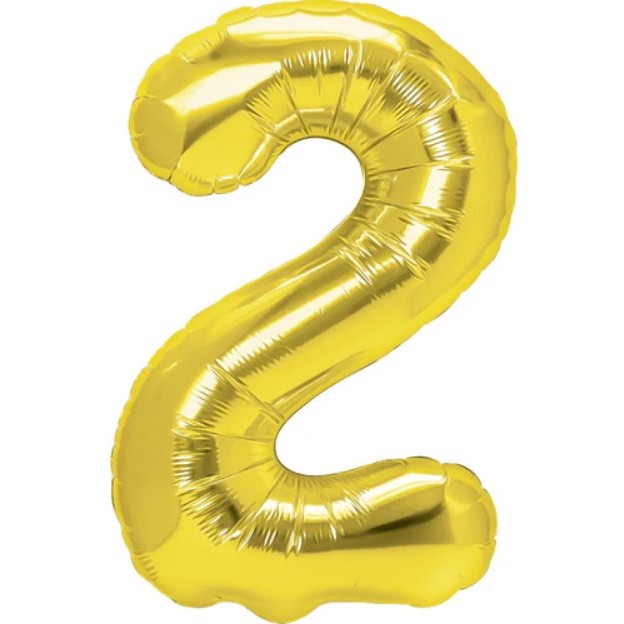 Balon din Folie Metalizata Klevo, Figurina Cifra, Tema Aniversare 80 cm, Ambalaj Individual, Pai inclus, Umflare cu Aer sau Heliu, Auriu, Cifra 2