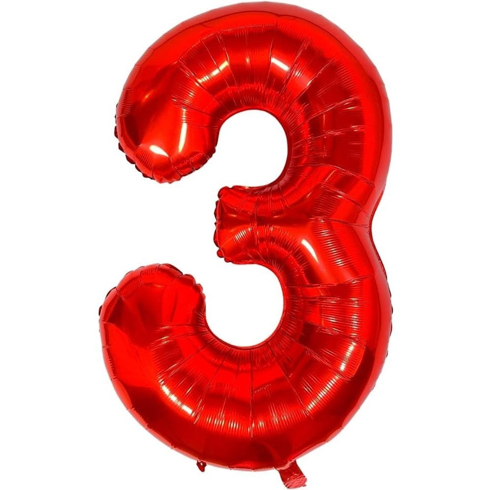 Balon din Folie Metalizata Klevo, Figurina Cifra, Tema Aniversare 40 cm, Ambalaj Individual, Pai inclus, Umflare cu Aer sau Heliu, Rosu, Cifra 3
