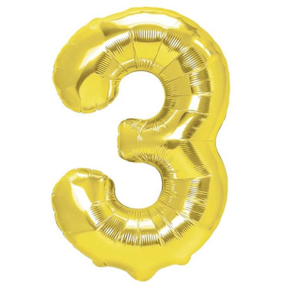 Balon din Folie Metalizata Klevo, Figurina Cifra, Tema Aniversare 40 cm, Ambalaj Individual, Pai inclus, Umflare cu Aer sau Heliu, Auriu, Cifra 3