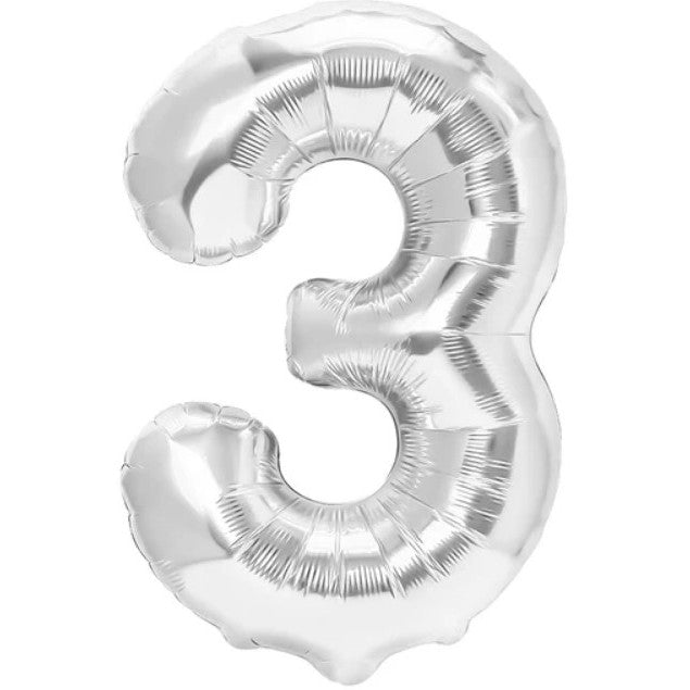 Balon din Folie Metalizata, Klevo, Figurina Cifra, Tema Aniversare 80 cm, Ambalaj Individual, Pai inclus, Umflare cu Aer sau Heliu, Argintiu, Cifra 3