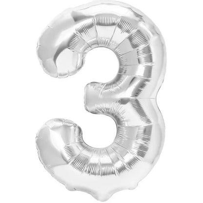 Balon din Folie Metalizata, Klevo, Figurina Cifra, Tema Aniversare 80 cm, Ambalaj Individual, Pai inclus, Umflare cu Aer sau Heliu, Argintiu, Cifra 3