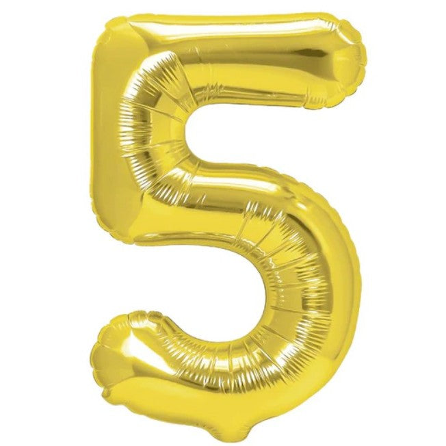 Balon din Folie Metalizata Klevo, Figurina Cifra, Tema Aniversare 40 cm, Ambalaj Individual, Pai inclus, Umflare cu Aer sau Heliu, Auriu, Cifra 5
