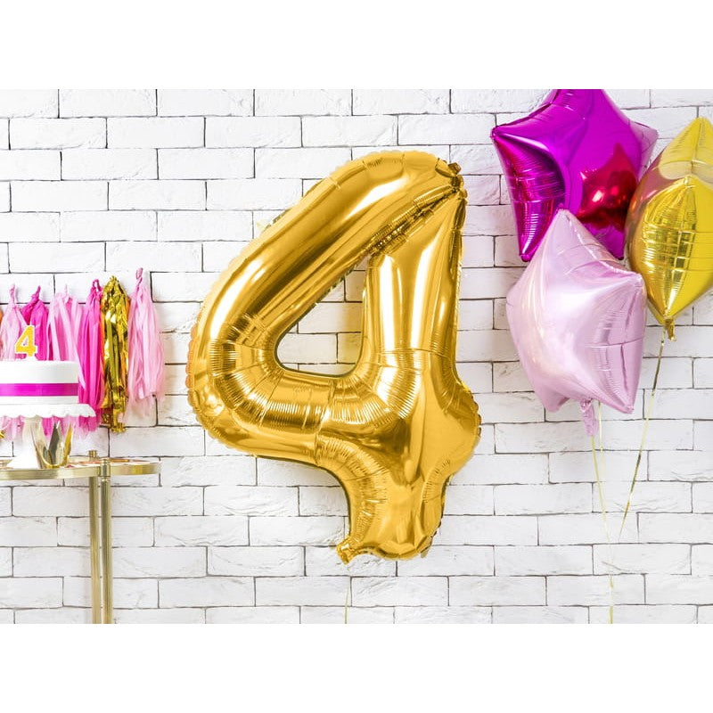 Balon din Folie Metalizata Klevo, Figurina Cifra, Tema Aniversare 80 cm, Ambalaj Individual, Pai inclus, Umflare cu Aer sau Heliu, Auriu, Cifra 4