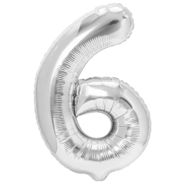 Balon din Folie Metalizata, Klevo, Figurina Cifra, Tema Aniversare 80 cm, Ambalaj Individual, Pai inclus, Umflare cu Aer sau Heliu, Argintiu, Cifra 6