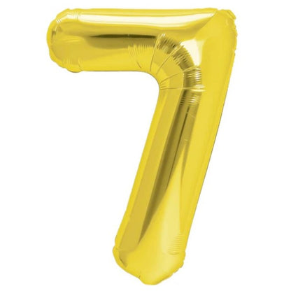Balon din Folie Metalizata Klevo, Figurina Cifra, Tema Aniversare 40 cm, Ambalaj Individual, Pai inclus, Umflare cu Aer sau Heliu, Auriu, Cifra 7