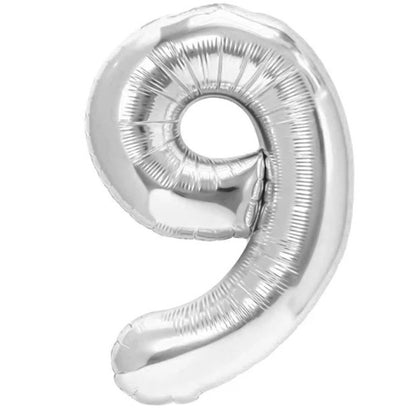 Balon din Folie Metalizata, Klevo, Figurina Cifra, Tema Aniversare 80 cm, Ambalaj Individual, Pai inclus, Umflare cu Aer sau Heliu, Argintiu, Cifra 9
