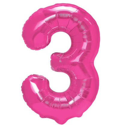 Balon din Folie Metalizata Klevo, Figurina Cifra, Tema Aniversare 40 cm, Ambalaj Individual, Pai inclus, Umflare cu Aer sau Heliu, Roz, Cifra 3