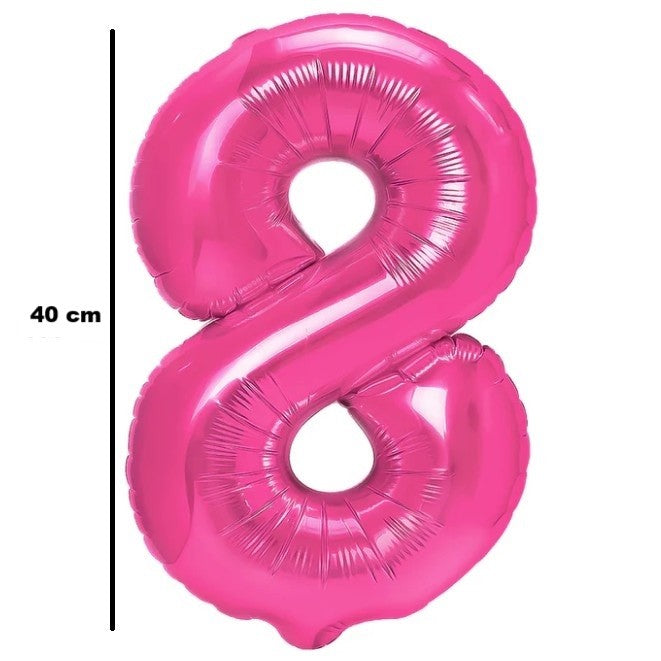 Balon din Folie Metalizata Klevo, Figurina Cifra, Tema Aniversare 40 cm, Ambalaj Individual, Pai inclus, Umflare cu Aer sau Heliu, Roz, Cifra 8
