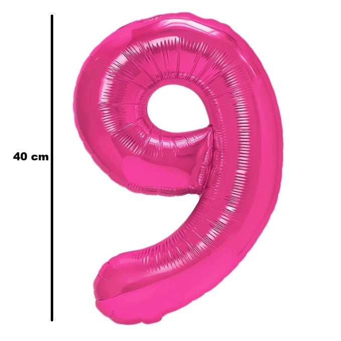 Balon din Folie Metalizata Klevo, Figurina Cifra, Tema Aniversare 40 cm, Ambalaj Individual, Pai inclus, Umflare cu Aer sau Heliu, Roz, Cifra 9