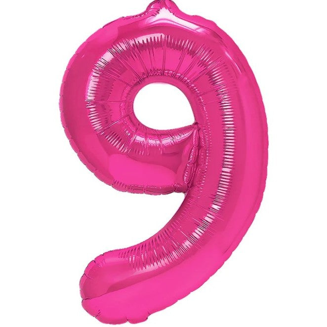 Balon din Folie Metalizata Klevo, Figurina Cifra, Tema Aniversare 40 cm, Ambalaj Individual, Pai inclus, Umflare cu Aer sau Heliu, Roz, Cifra 9