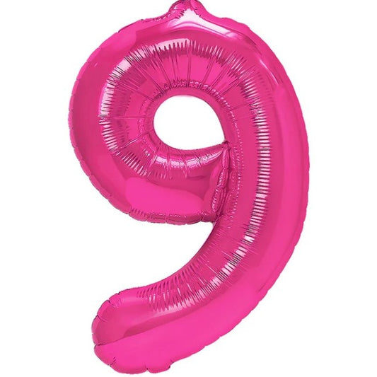 Balon din Folie Metalizata Klevo, Figurina Cifra, Tema Aniversare 40 cm, Ambalaj Individual, Pai inclus, Umflare cu Aer sau Heliu, Roz, Cifra 9