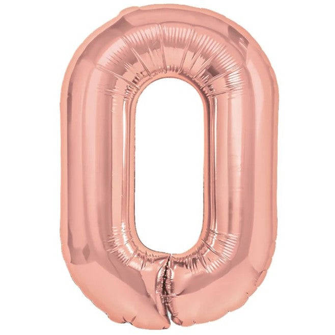 Balon din Folie Metalizata Klevo, Figurina Cifra, Tema Aniversare 40 cm, Ambalaj Individual, Pai inclus, Umflare cu Aer sau Heliu, Rose Gold, Cifra 0
