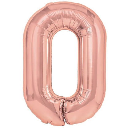 Balon din Folie Metalizata Klevo, Figurina Cifra, Tema Aniversare 40 cm, Ambalaj Individual, Pai inclus, Umflare cu Aer sau Heliu, Rose Gold, Cifra 0