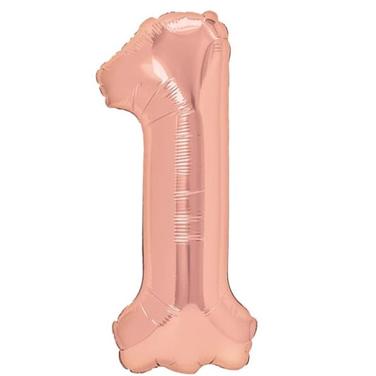 Balon din Folie Metalizata Klevo, Figurina Cifra, Tema Aniversare 40 cm, Ambalaj Individual, Pai inclus, Umflare cu Aer sau Heliu, Rose Gold, Cifra 1
