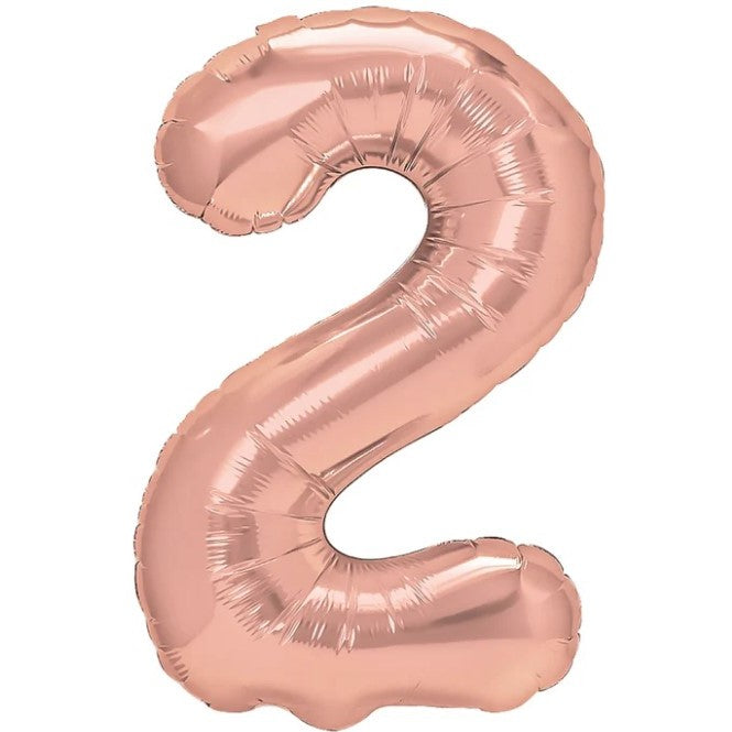 Balon din Folie Metalizata Klevo, Figurina Cifra, Tema Aniversare 40 cm, Ambalaj Individual, Pai inclus, Umflare cu Aer sau Heliu, Rose Gold, Cifra 2