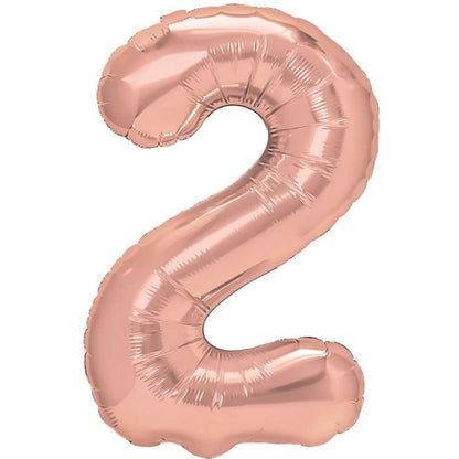 Balon din Folie Metalizata Klevo, Figurina Cifra, Tema Aniversare 40 cm, Ambalaj Individual, Pai inclus, Umflare cu Aer sau Heliu, Rose Gold, Cifra 2