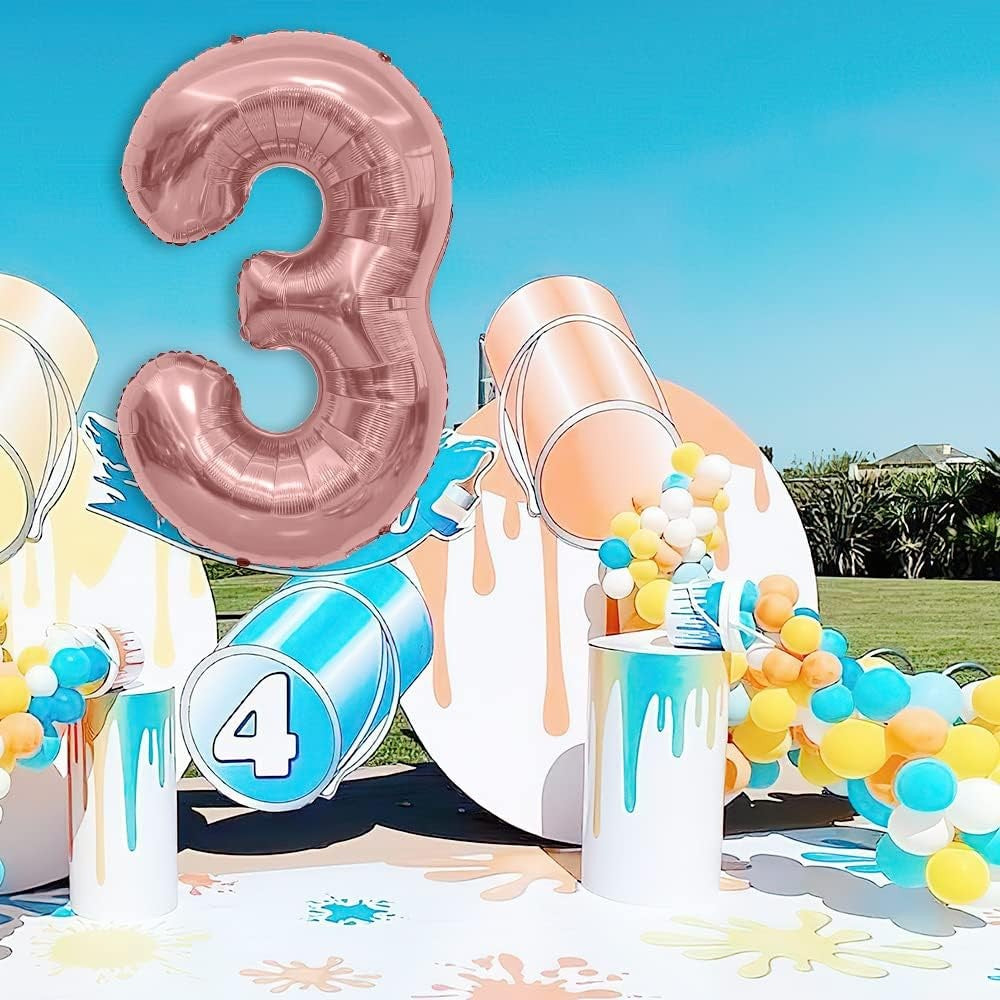 Balon din Folie Metalizata Klevo, Figurina Cifra, Tema Aniversare 40 cm, Ambalaj Individual, Pai inclus, Umflare cu Aer sau Heliu, Rose Gold, Cifra 3